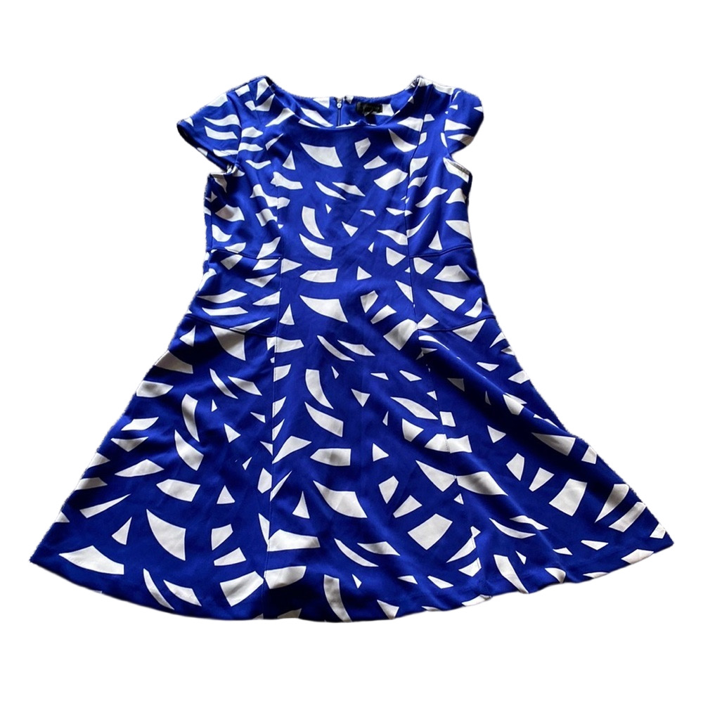 Worthington Blue White Abstract Print Fit and Flare Dress Size 14 Cap Sleeve